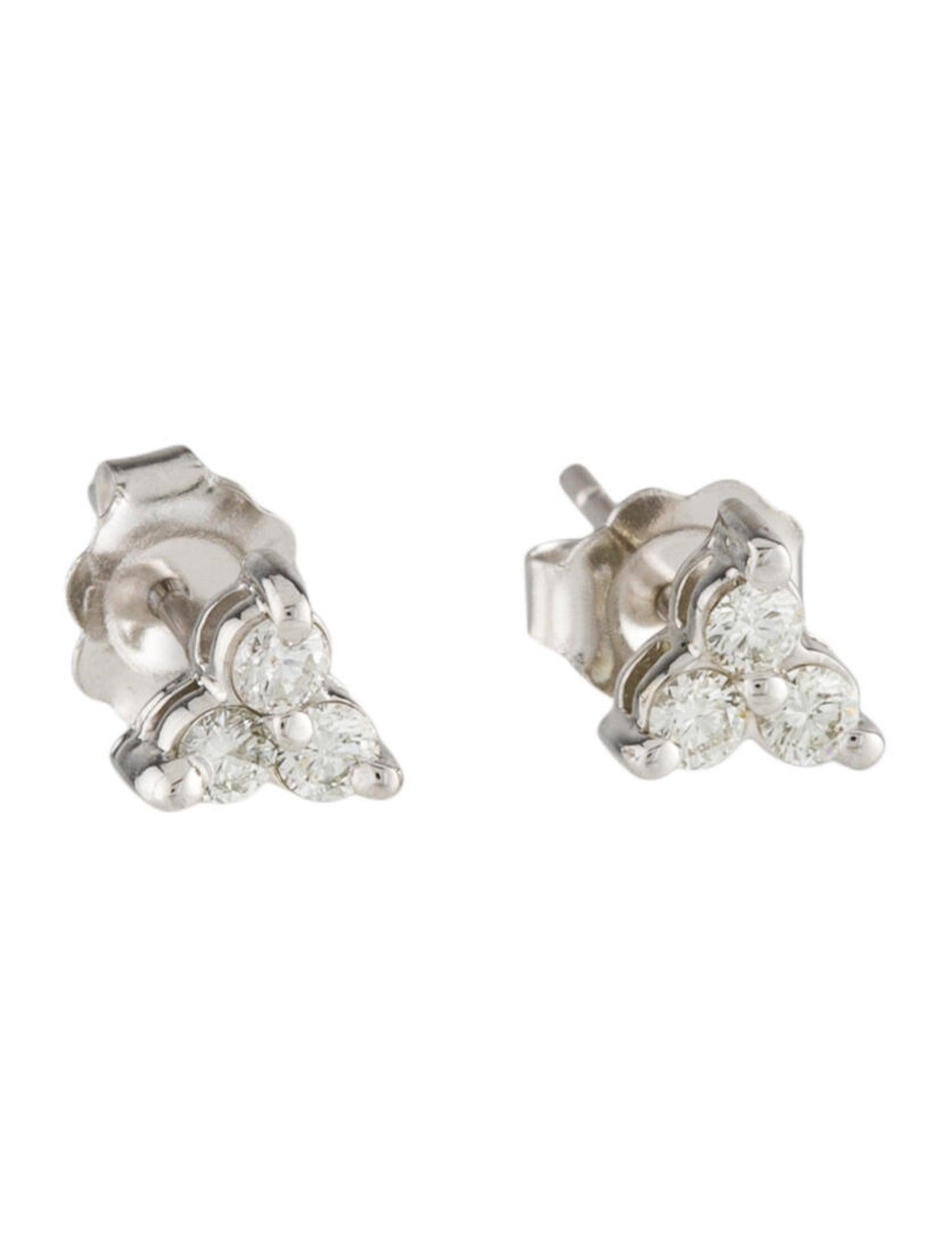 Round Cut 14 Karat White Gold 0.24 Carat Diamond 3-Stone Stud Earrings For Sale