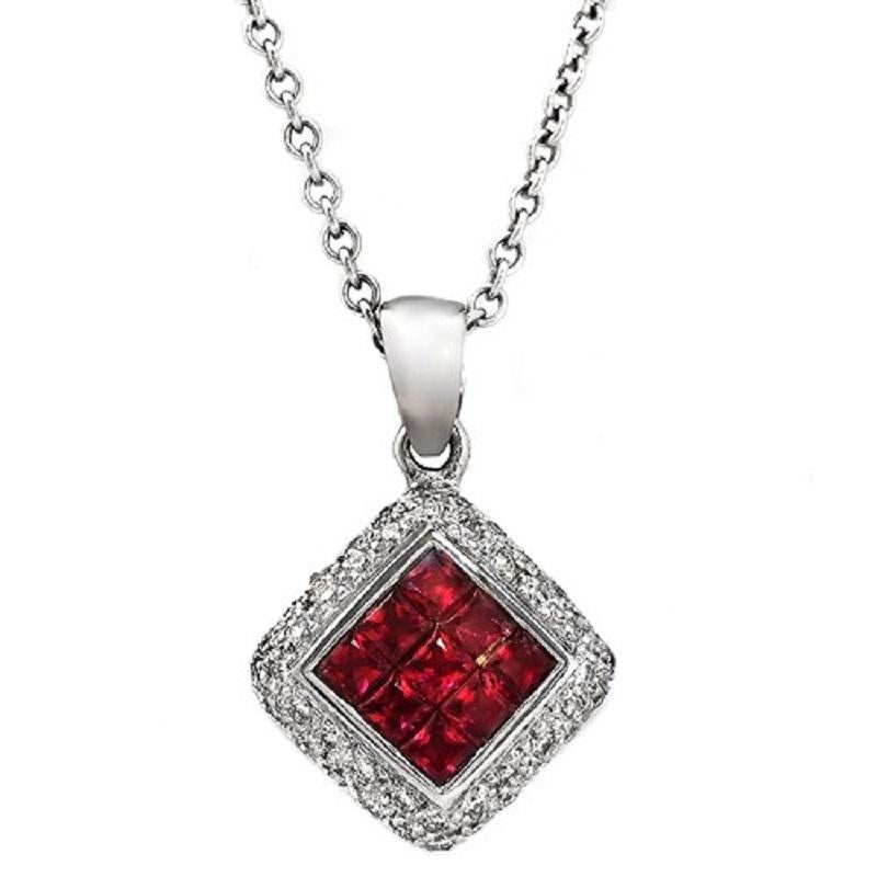 14 Karat White Gold 0.26 Carat Diamonds 1.00 Carat Invisible Set Ruby Necklace For Sale