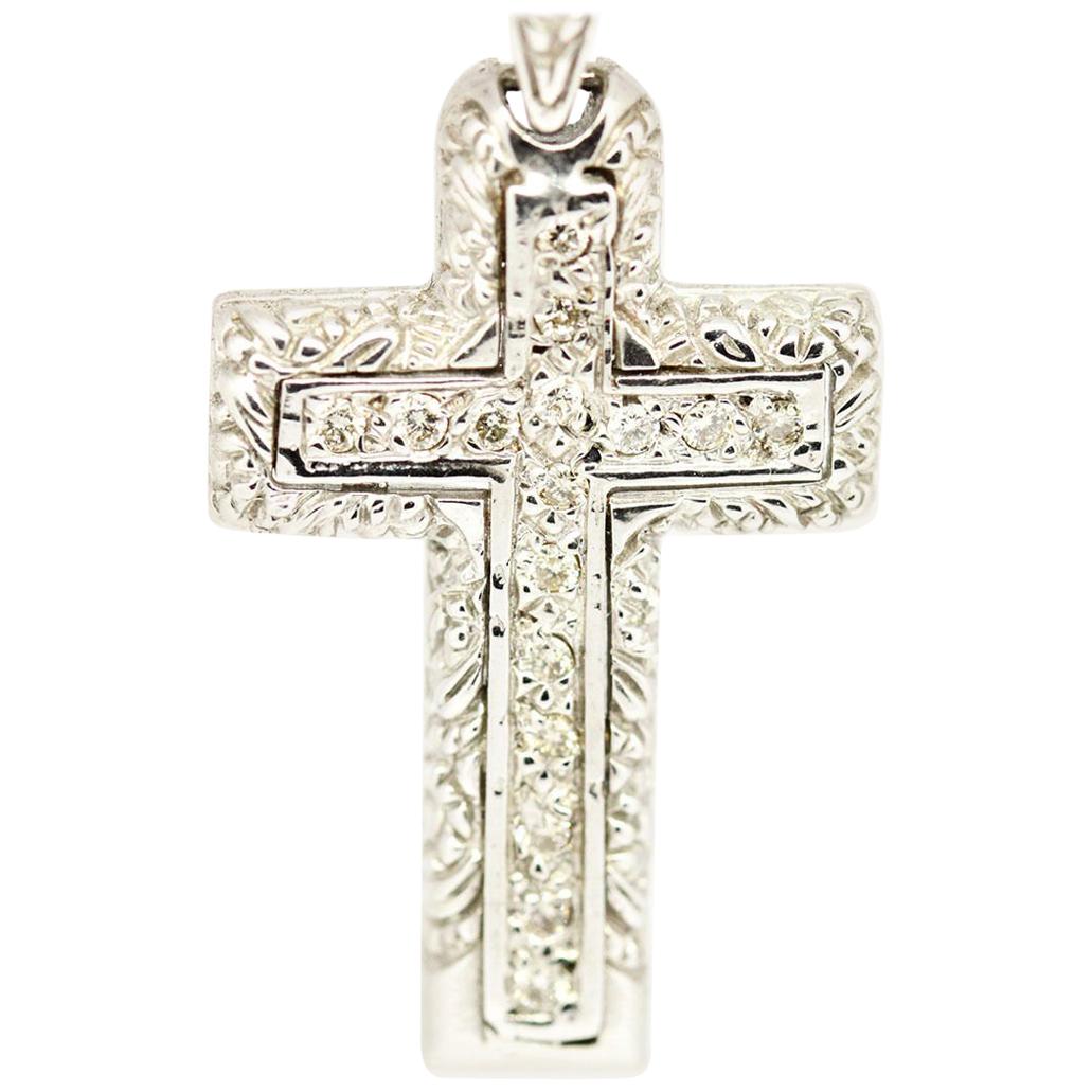 14 Karat White Gold 0.26 Carat Pavé Double Diamond Cross Necklace For Sale