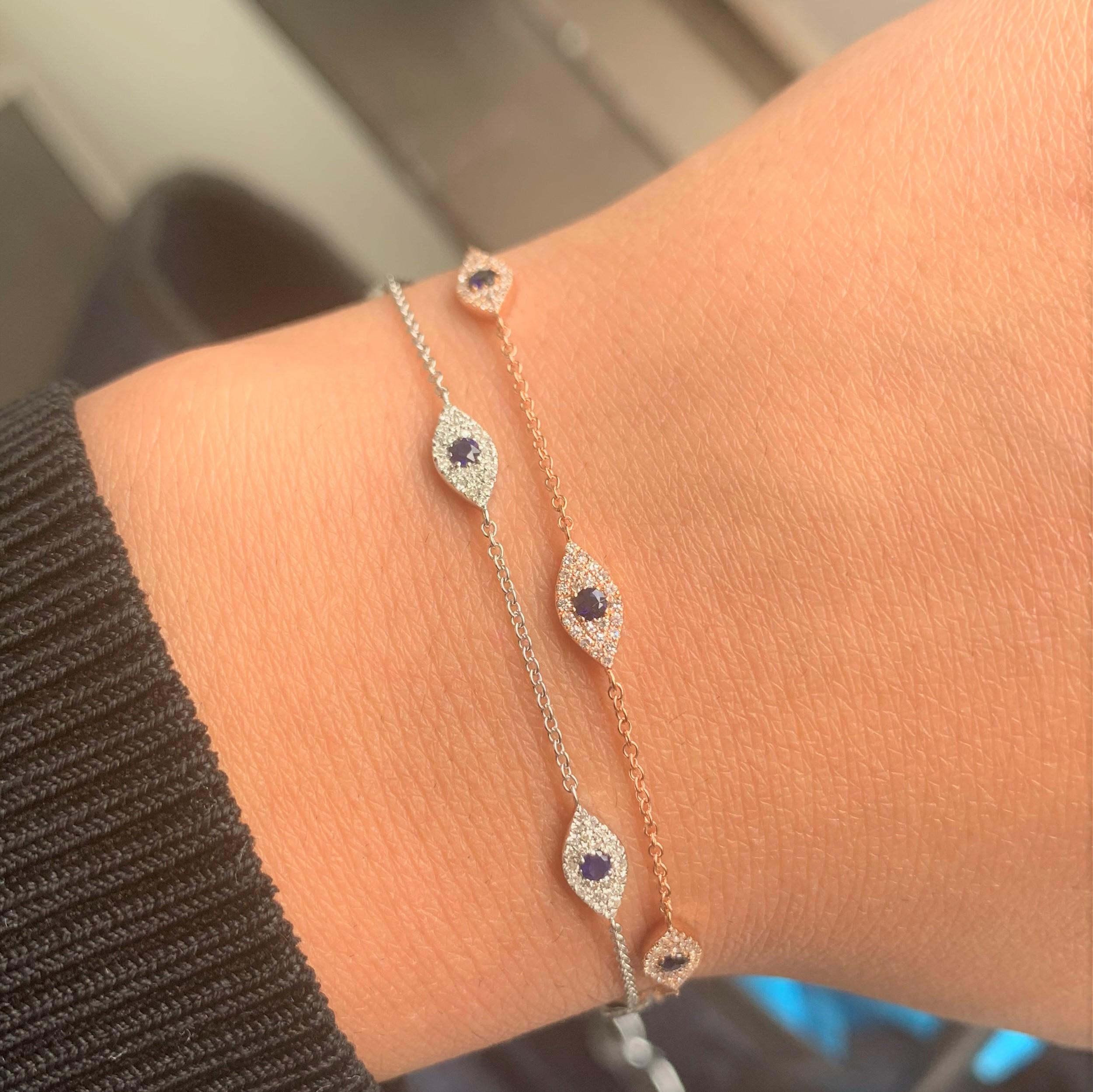 Taglio rotondo Bracciale Malocchio in oro bianco 14 carati 0,26 diamanti e zaffiri in vendita