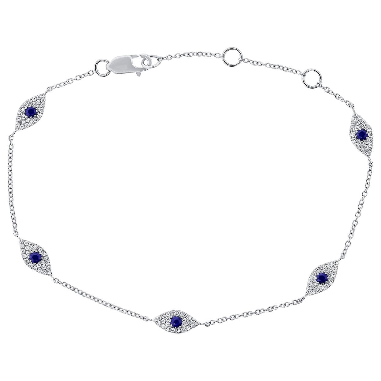 14 Karat White Gold 0.26 Diamond Sapphire Evil Eye Bracelet For Sale