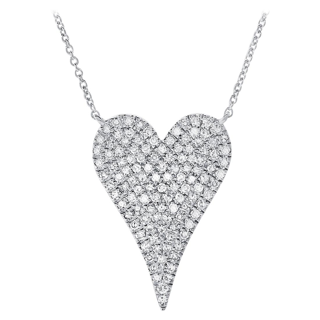 14 Karat White Gold 0.36 Carat Diamond Pave Heart Necklace For Sale