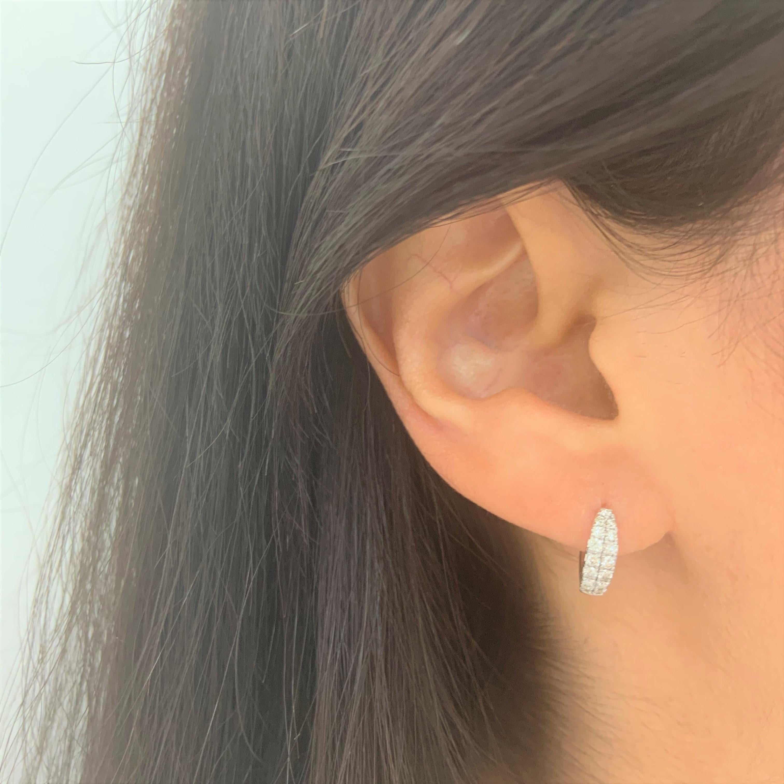 Round Cut 14 Karat White Gold 0.39 Carat Diamond Double Row Huggie Earrings For Sale