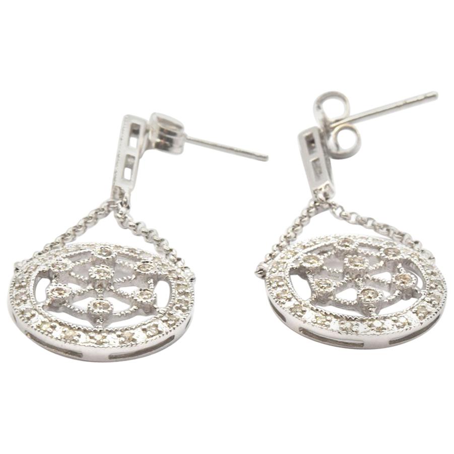 14 Karat White Gold 0.40 Carat Diamond Circle Dangling Earrings For Sale