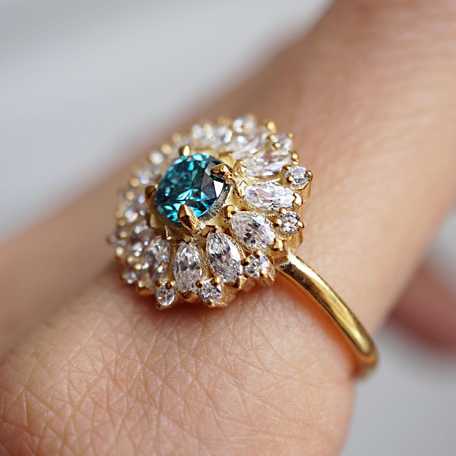Round Cut 14 Karat White Gold, 0.5 Carat Natural Blue Diamond Engagement Ring For Sale