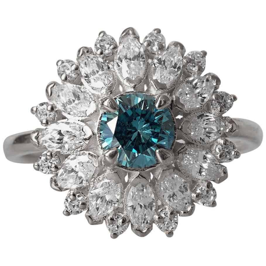 14 Karat White Gold, 0.5 Carat Natural Blue Diamond Engagement Ring For Sale