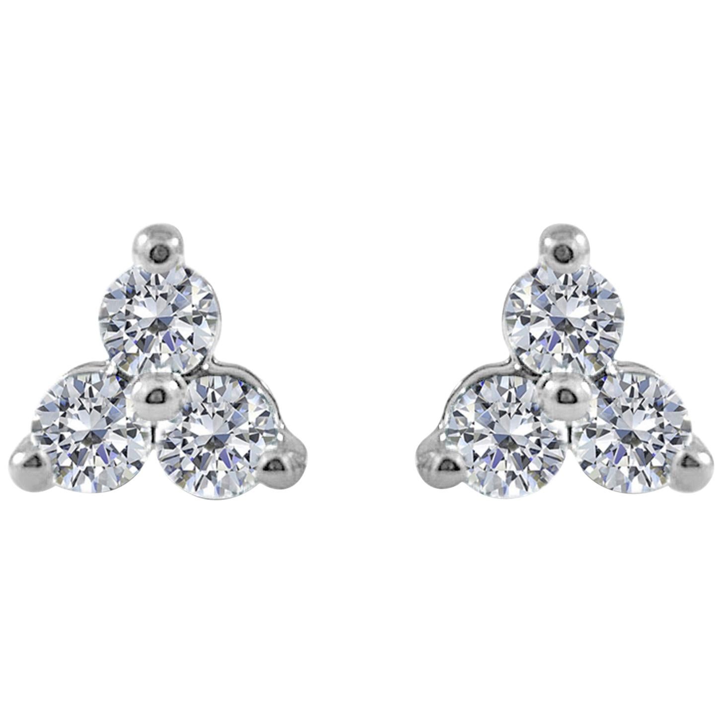 14 Karat White Gold 0.51 Carat Diamond 3-Stone Stud Earrings