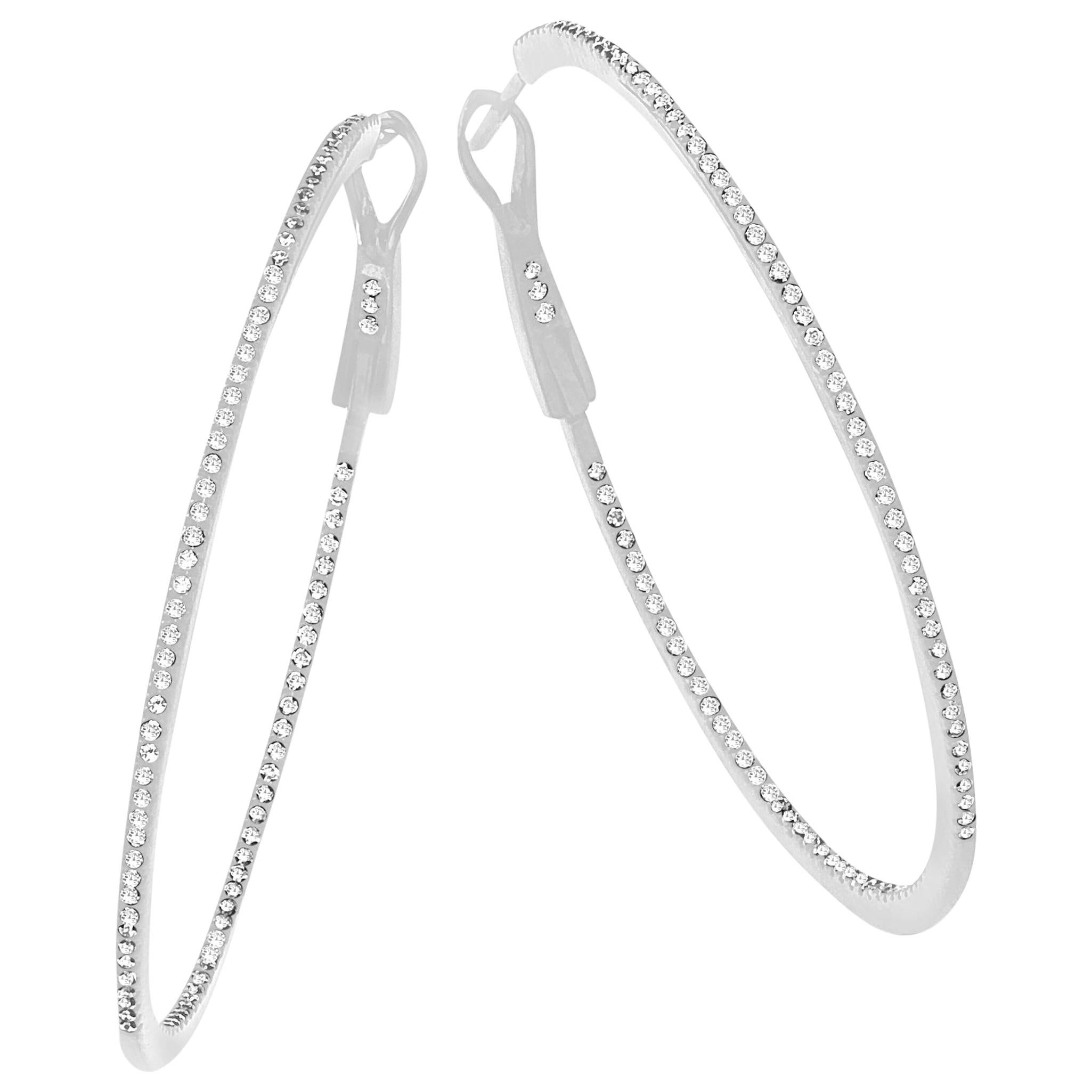 14 Karat White Gold 0.59 Carat Diamond Round Hoop Earrings For Sale