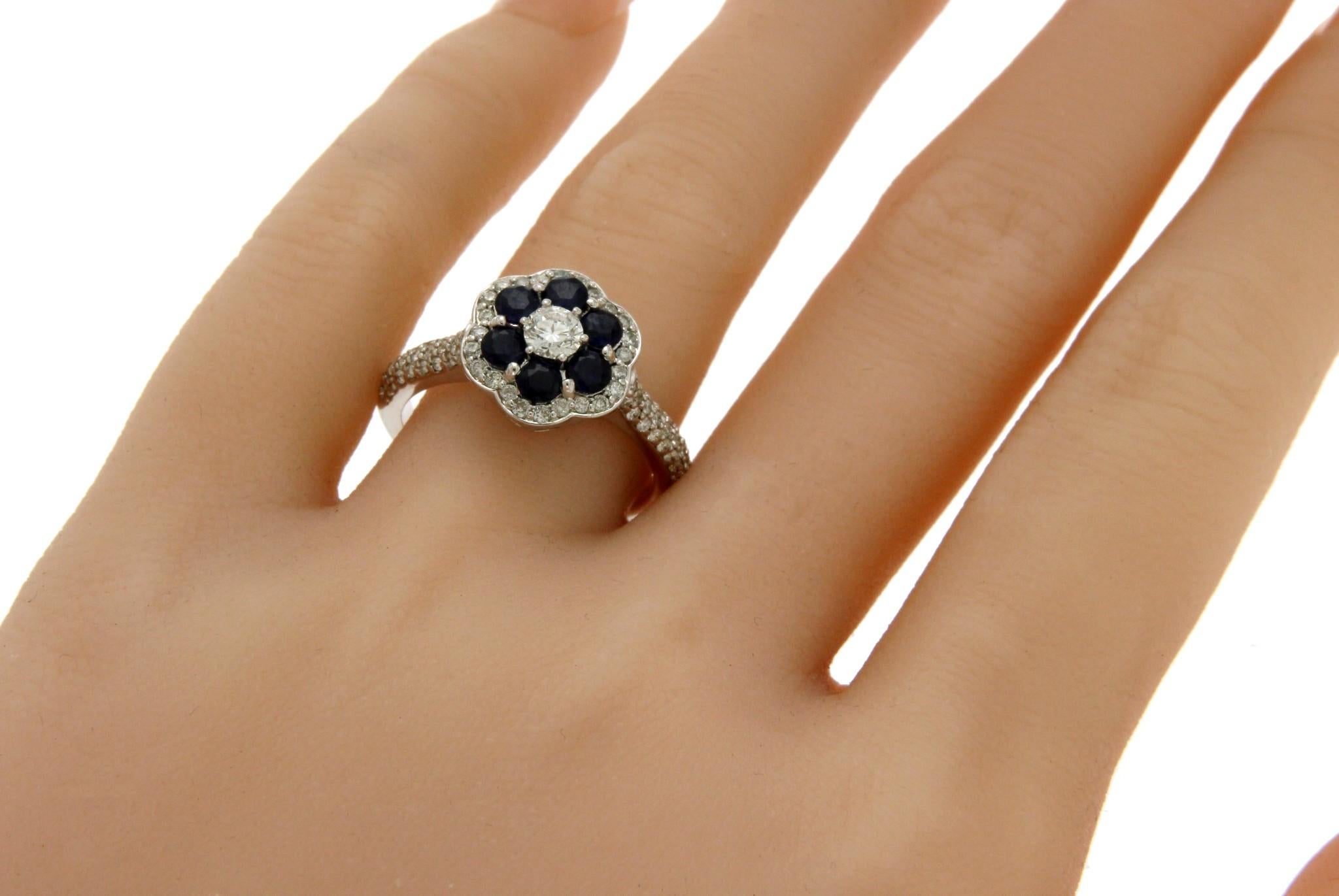 Women's 14 Karat White Gold 0.60 Carat Diamond and Blue Sapphire Engagement Ring For Sale