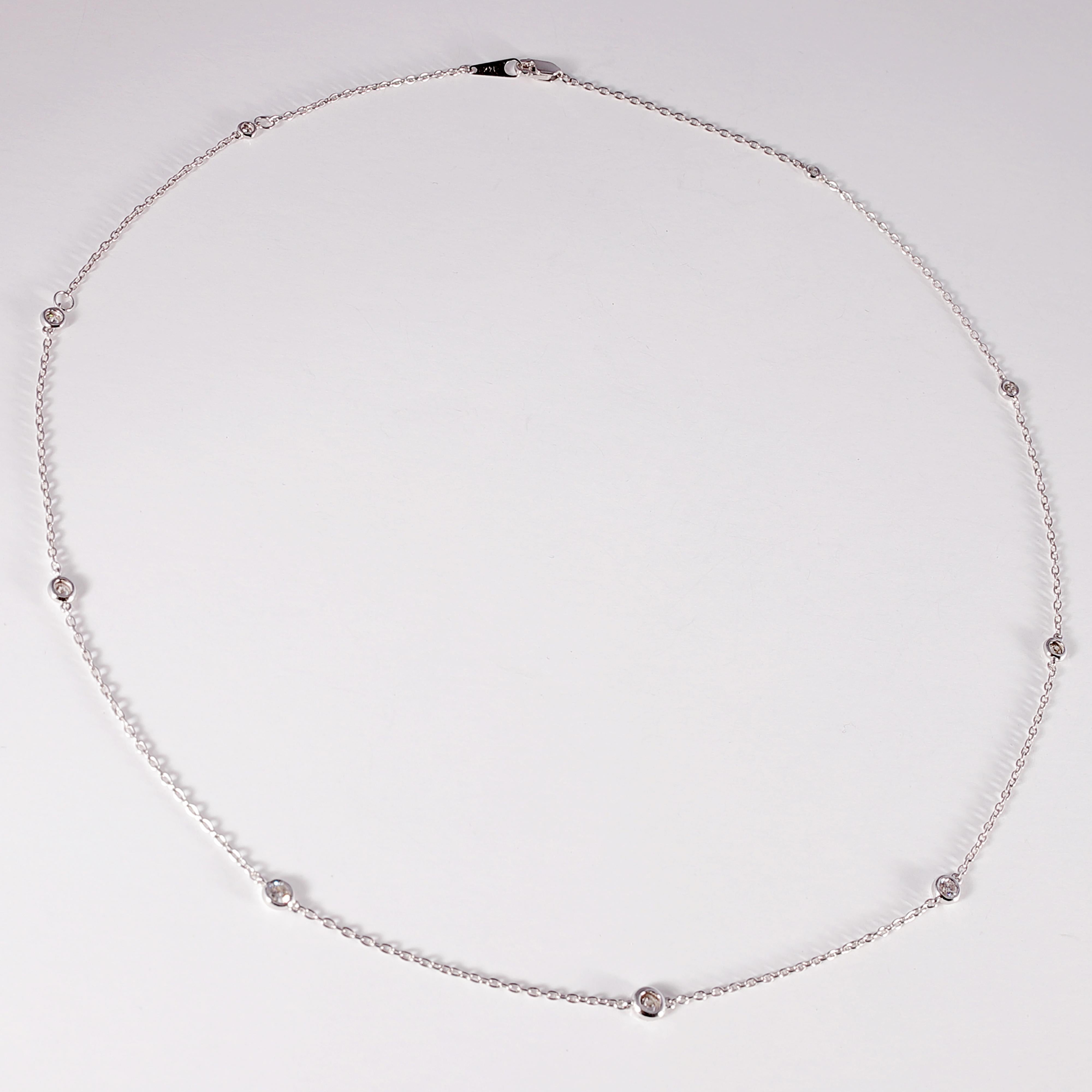 Women's or Men's 14 Karat White Gold 0.65 Carat Diamond Station Necklace