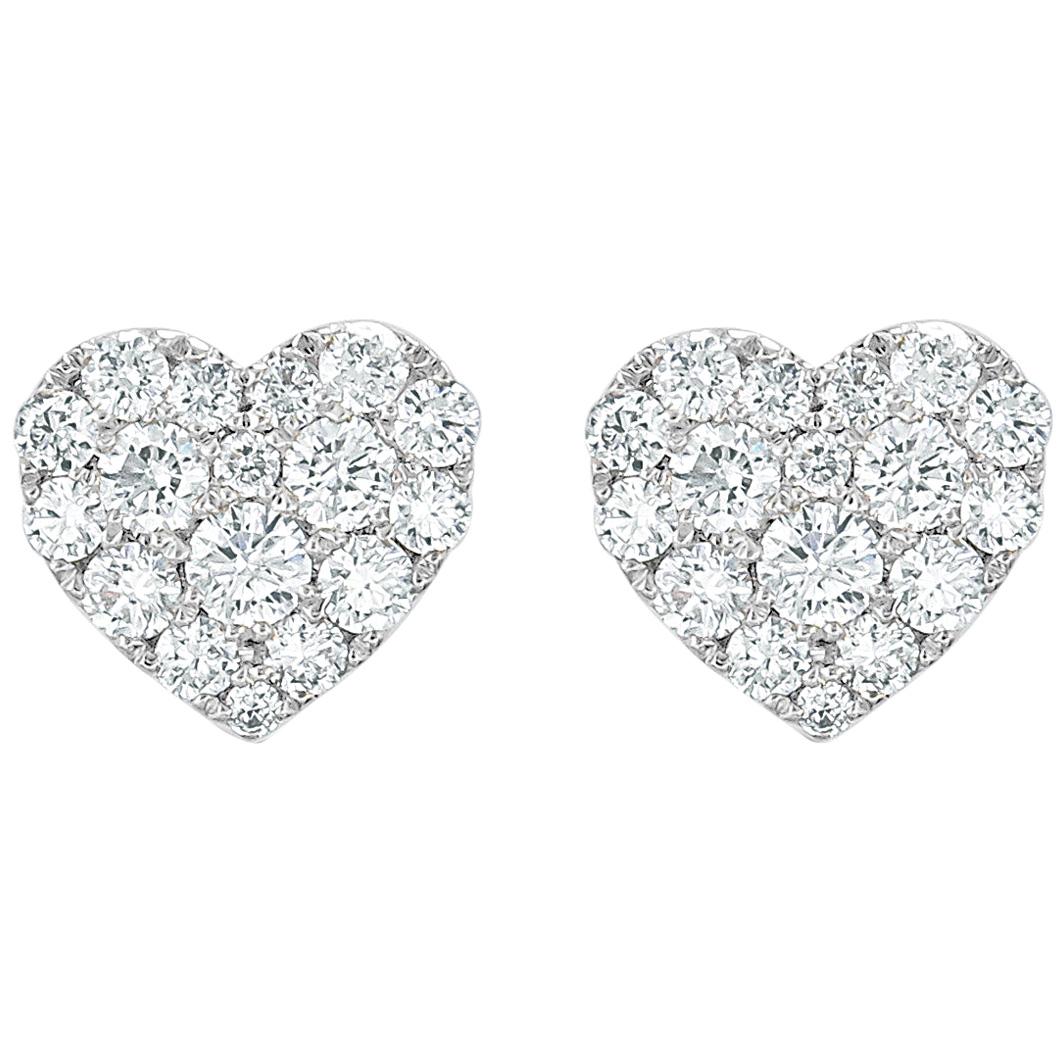 14 Karat White Gold 0.70 Carat Diamond Heart Earrings For Sale