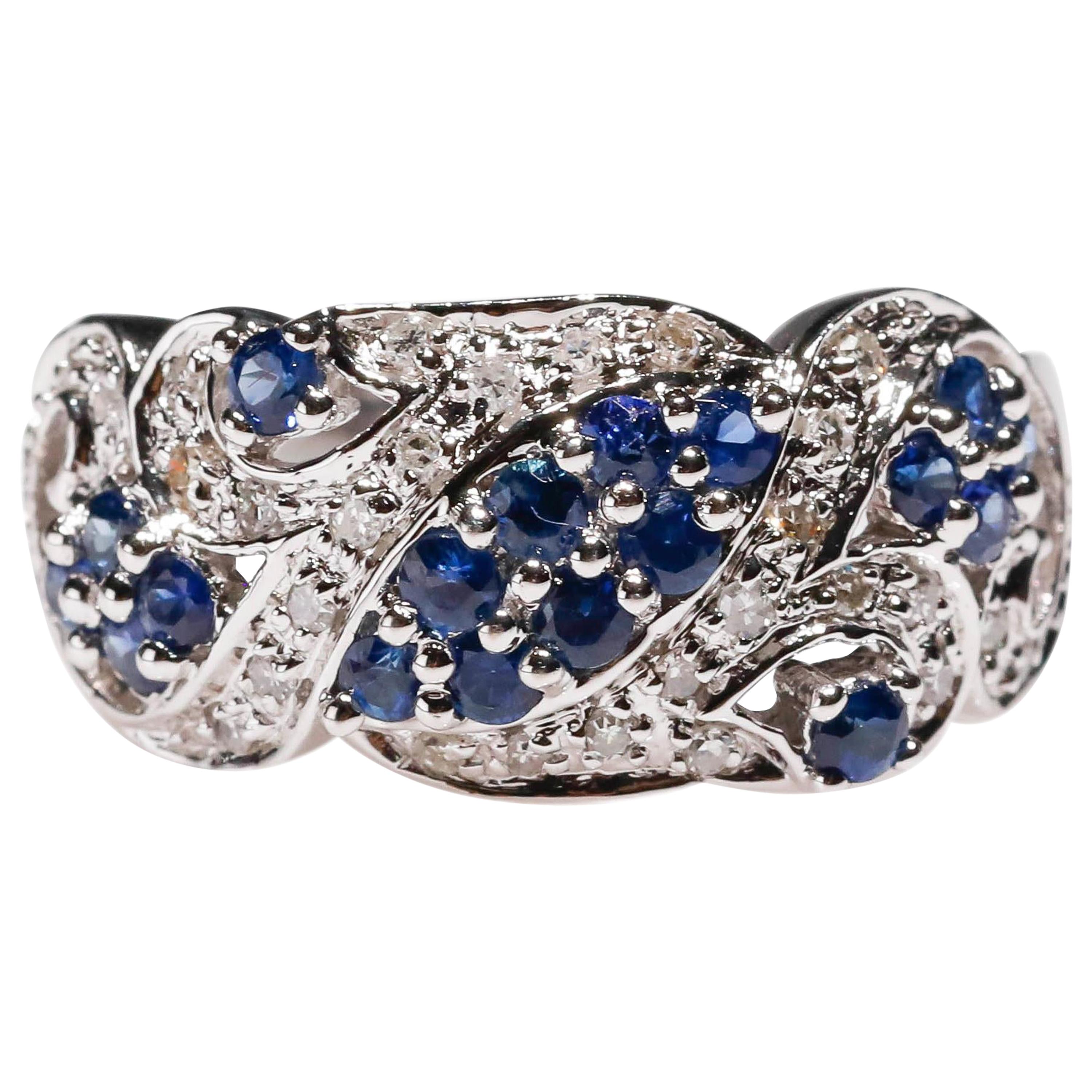 14 Karat White Gold 0.73 Carat Blue Sapphire Round Diamond Wedding Band Ring