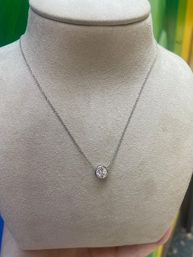 Women's or Men's 14 Karat White Gold 0.78 Carat Round Bezel Set Diamond Pendant Necklace For Sale