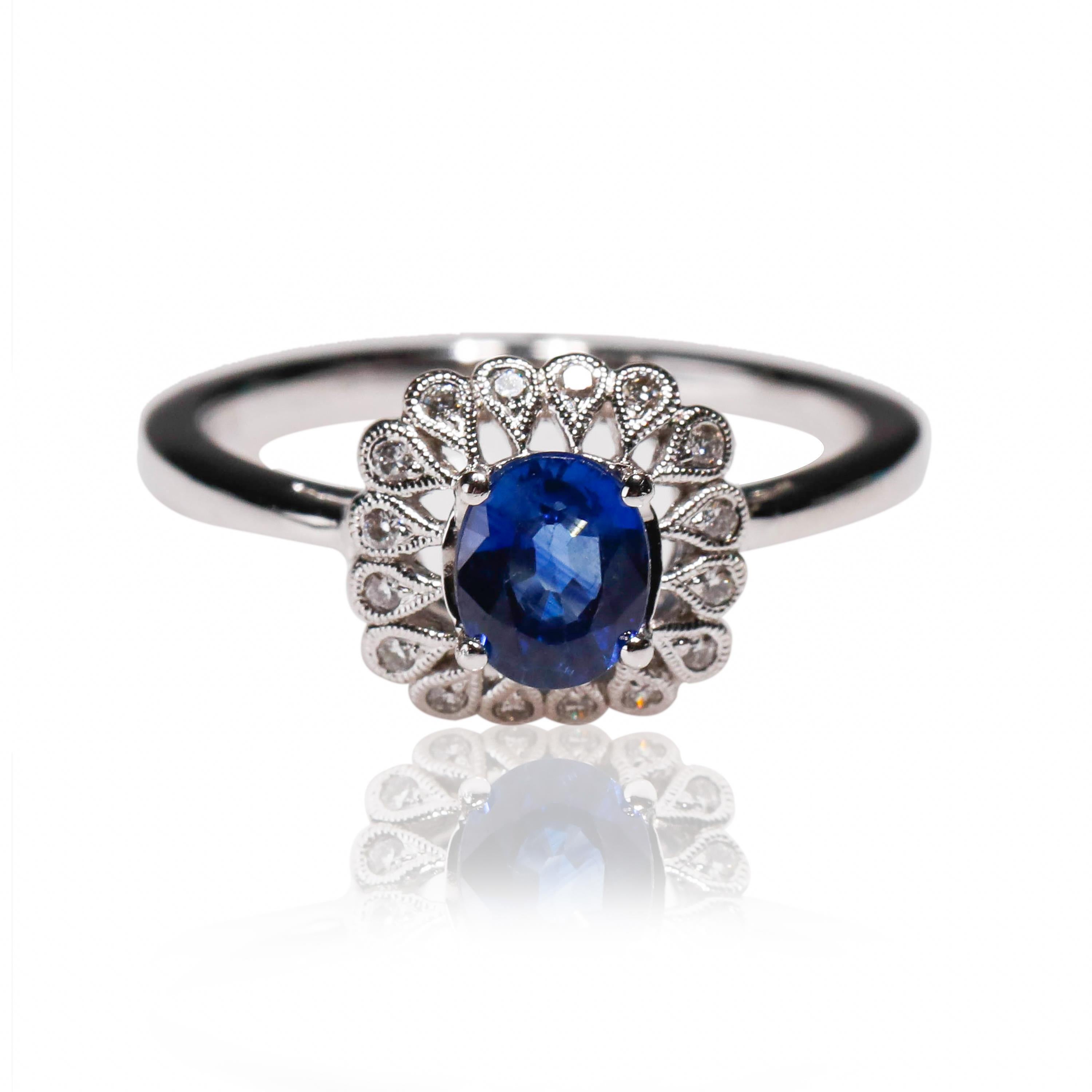 Art Deco 14 Karat White Gold 0.87 Carat Oval Blue Sapphire Diamond Floral Halo Ring
