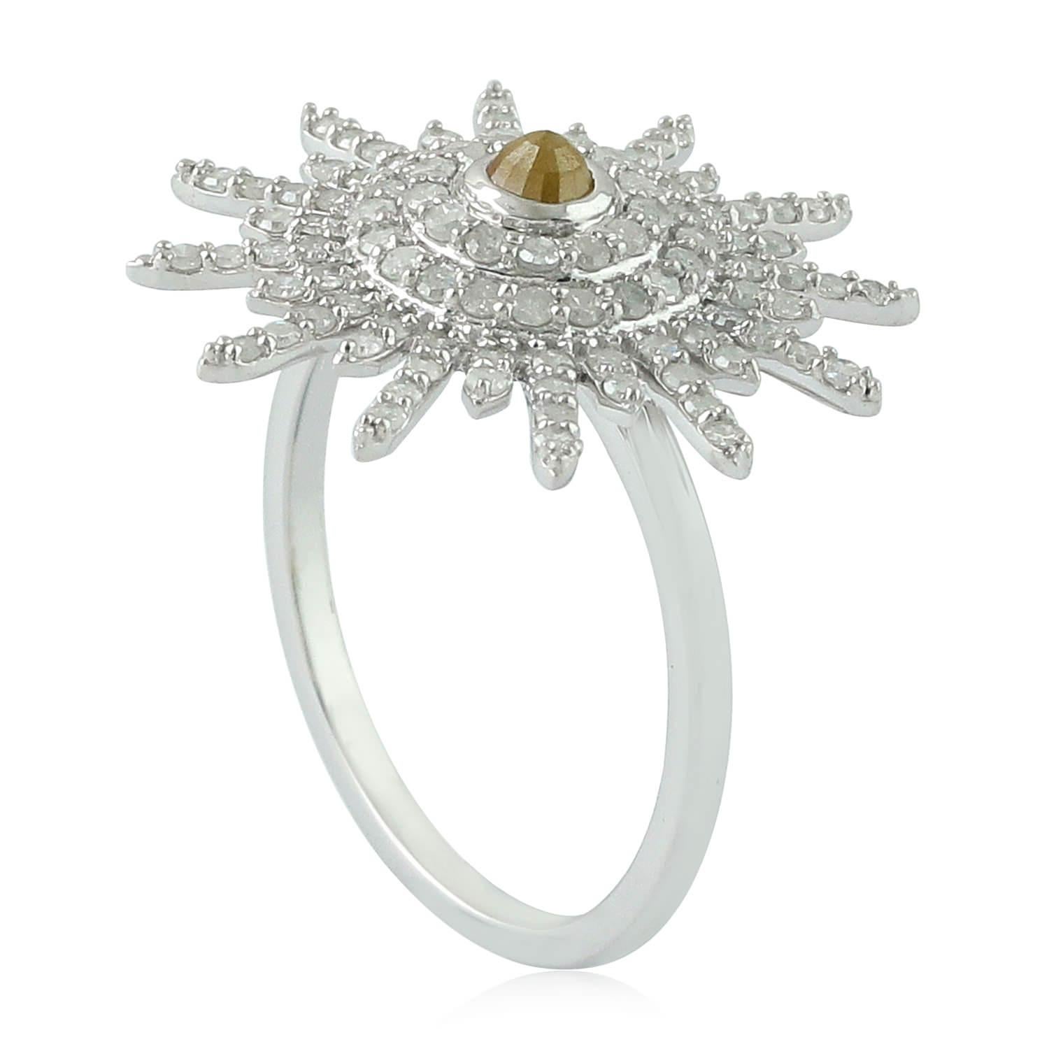 Round Cut 14 Karat White Gold 0.90 Carat Diamond Pave Cocktail Ring Flower Design Jewelry