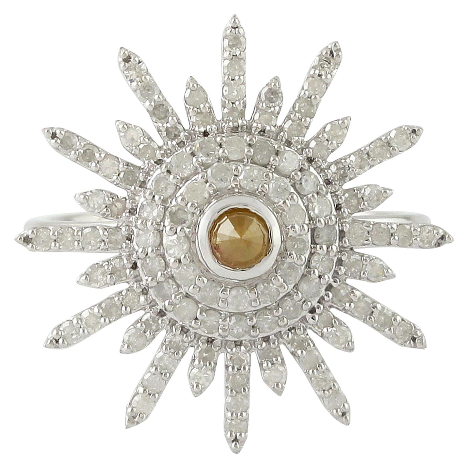 14 Karat White Gold 0.90 Carat Diamond Pave Cocktail Ring Flower Design Jewelry
