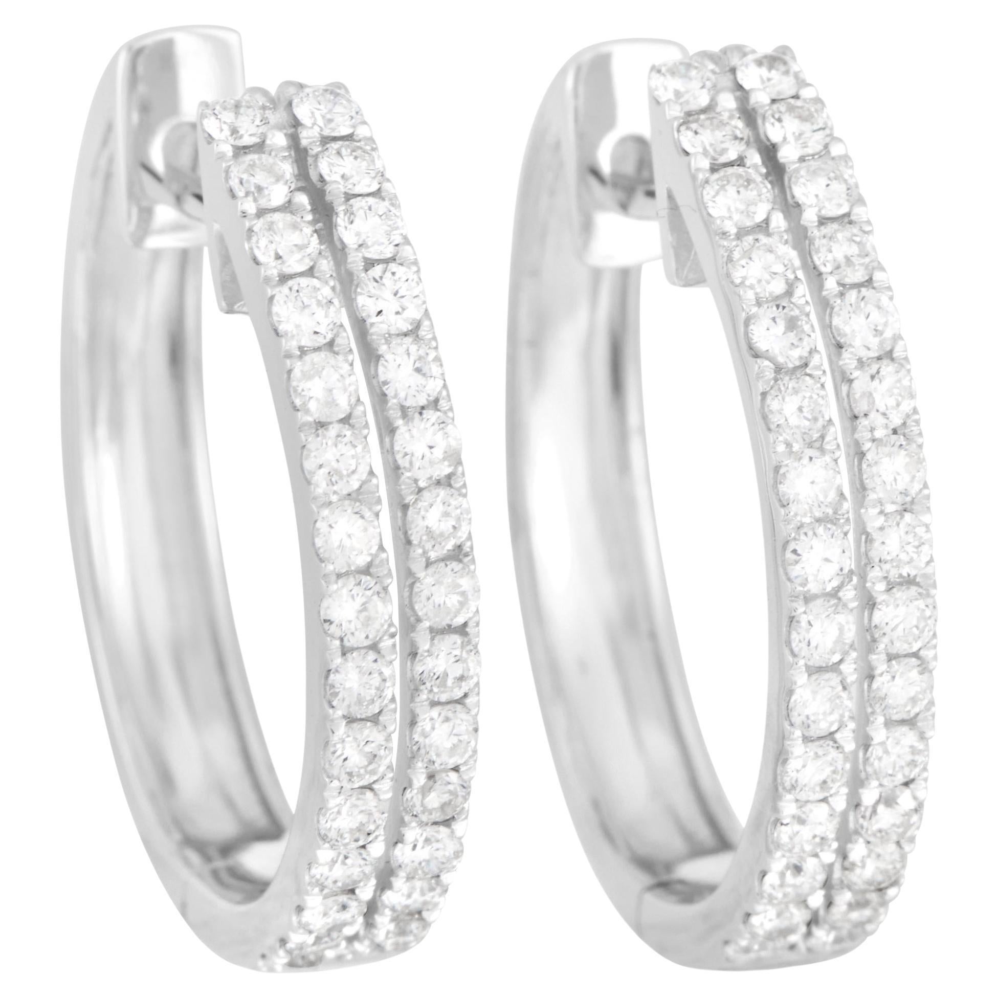 14 Karat White Gold, 1 Carat 2-Row Diamond Hoop Earrings For Sale