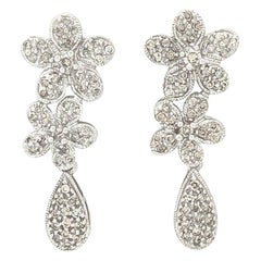 14 Karat White Gold 1 Carat Flower Cluster Dangle Diamond Earrings