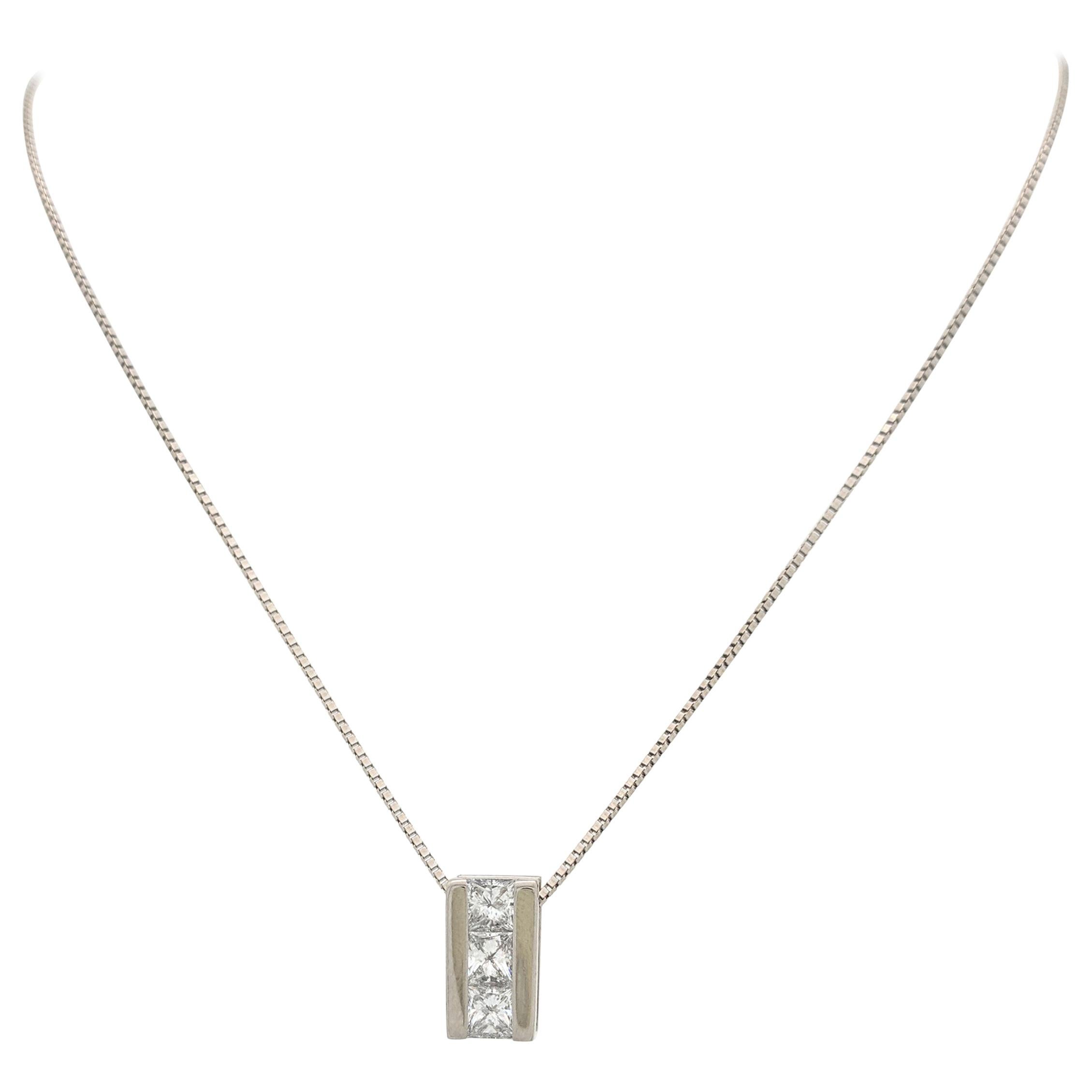 14 Karat White Gold 1 Carat Princess Cut Diamond Pendant Necklace For Sale