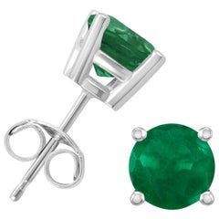 14 Karat White Gold 1 Carat Round Emerald Earrings