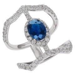 2 TCW Oval Vivid Blue Sapphire And Diamond Double Band Ring in 14k White Gold