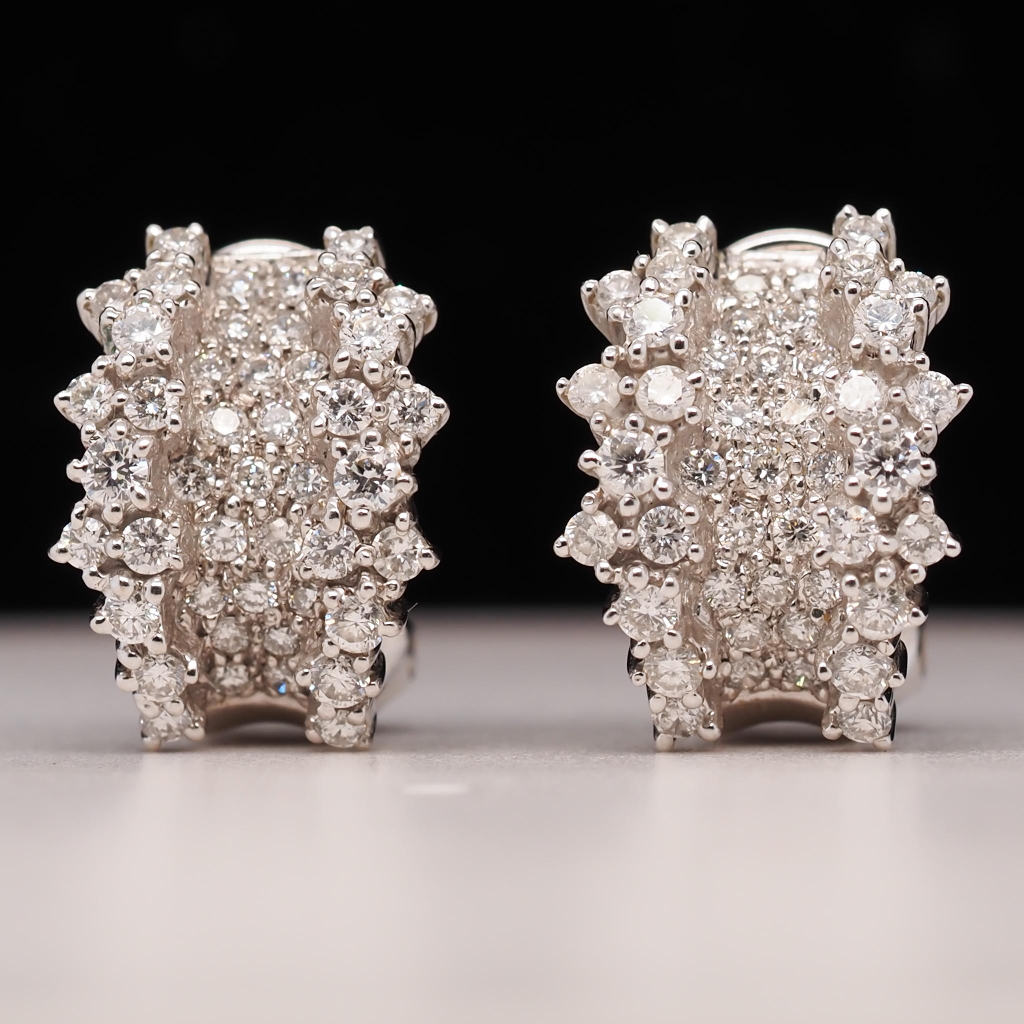 14 Karat White Gold 1.00 Carat Diamond Cluster Hoop Style Earrings For Sale 1