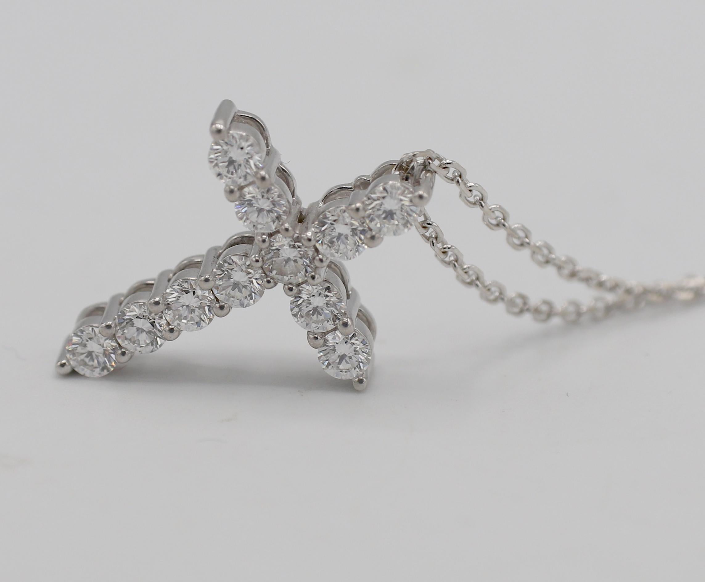 Modern 14 Karat White Gold 1.00 Carat Natural Diamond Cross Pendant Drop Necklace