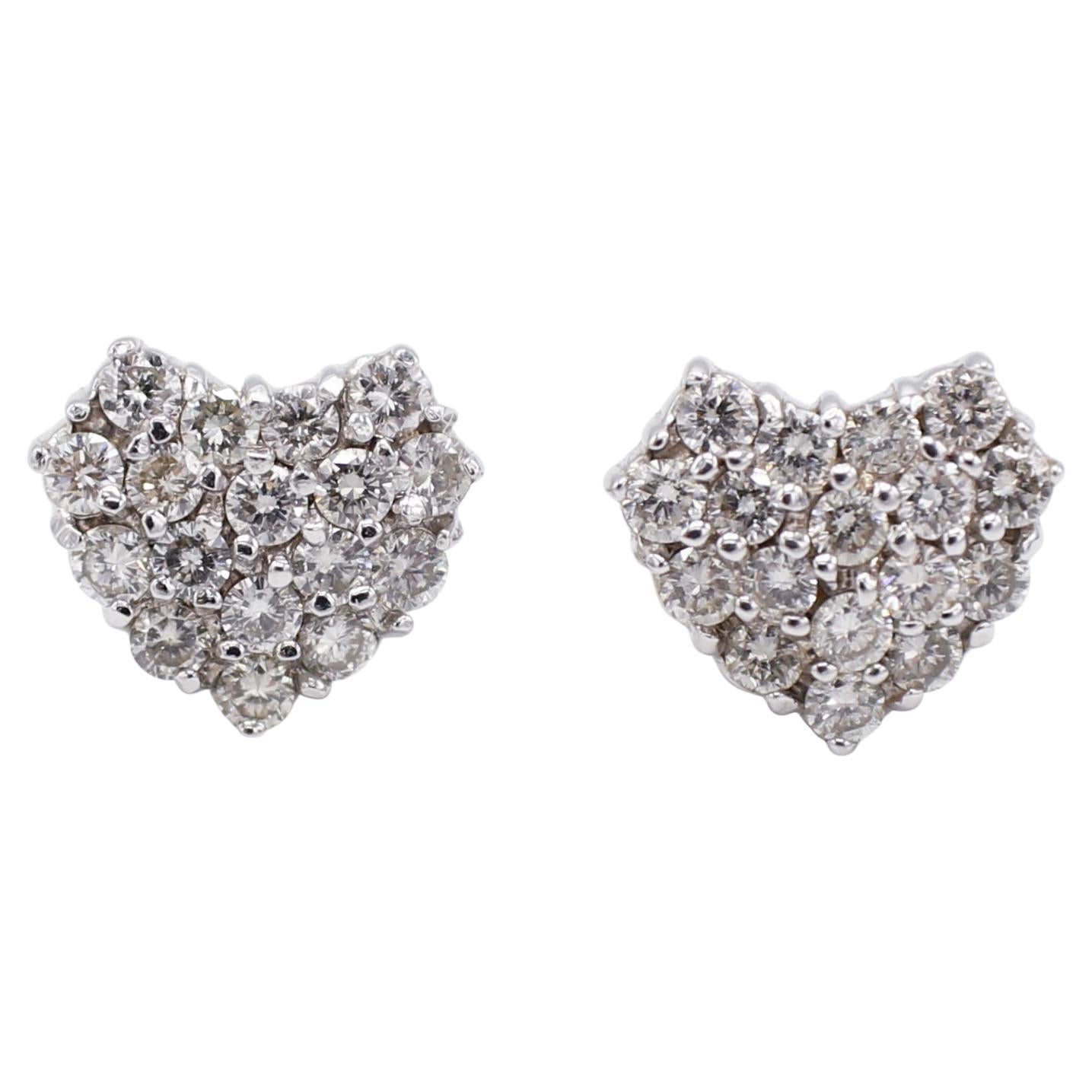 14 Karat White Gold 1.00 Carat Pavé Heart Natural Diamond Cluster Stud Earrings 
