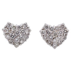 14 Karat White Gold 1.00 Carat Pavé Heart Diamond Cluster Stud Earrings 