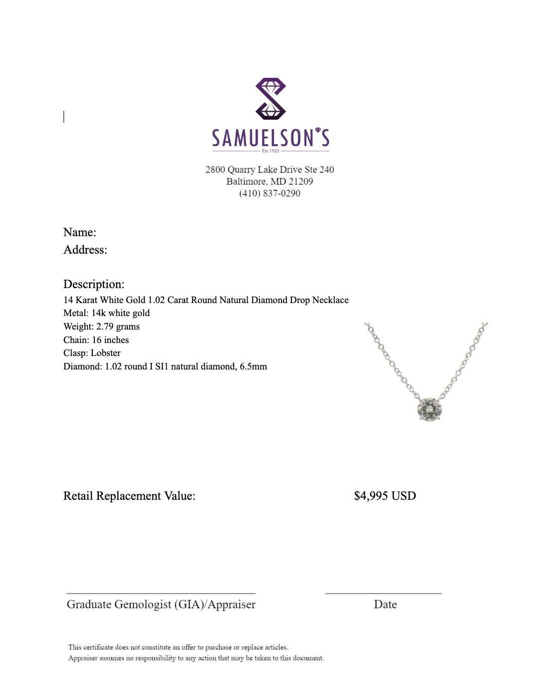 Women's or Men's 14 Karat White Gold 1.02 Carat Round Natural Diamond Drop Necklace For Sale