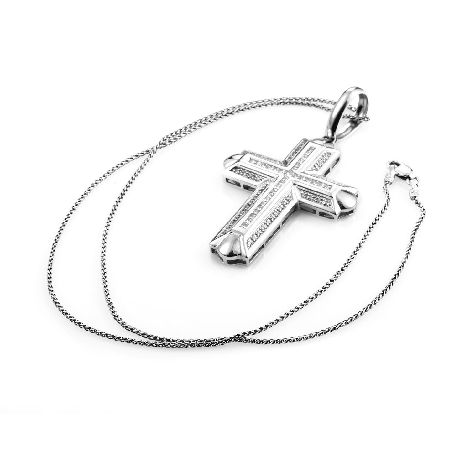 This weighty pendant necklace is fueled with style and grace. The 14K White Gold adopts a classic cross shape, the precious metal adding hearty breadth to the pendant's proportions. The cross takes up 2.25