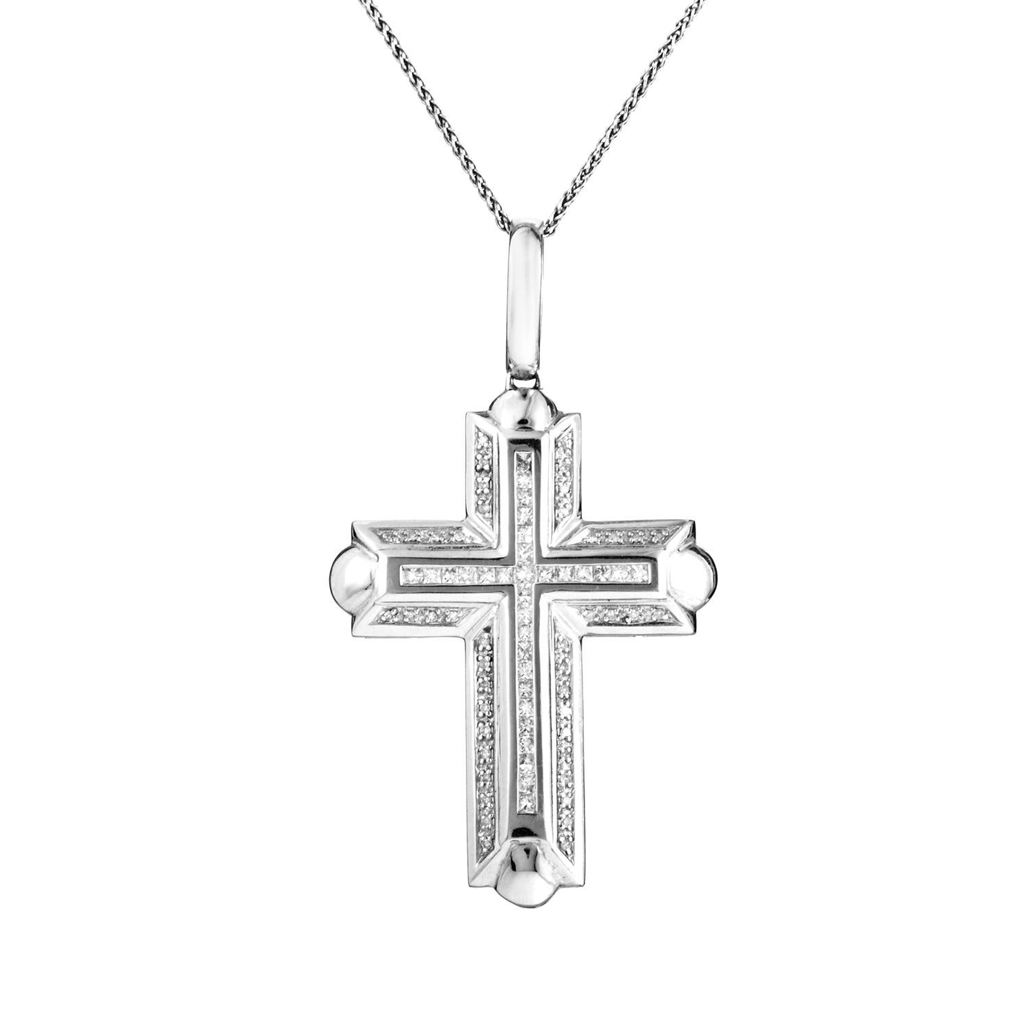 14 Karat White Gold 1.05 Carat Diamond Thick Cross Pendant Necklace In New Condition In Southampton, PA