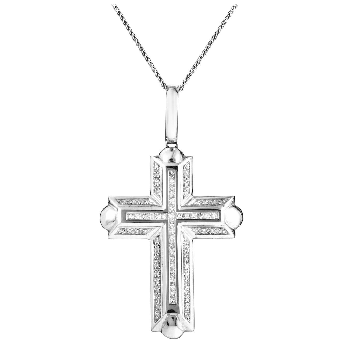 14 Karat White Gold 1.05 Carat Diamond Thick Cross Pendant Necklace