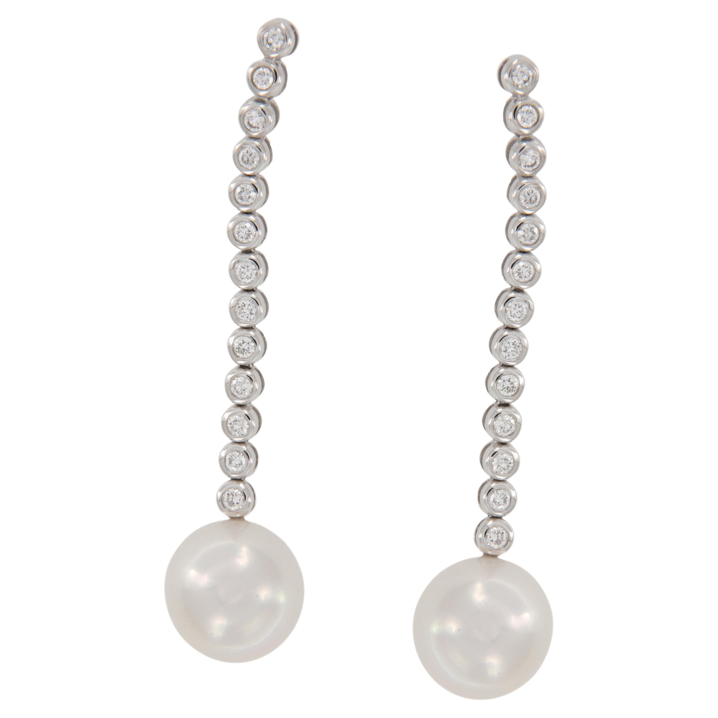 14 Karat White Gold 10.55mm White Pearl and 0.50 Cttw Diamond Drop Earrings