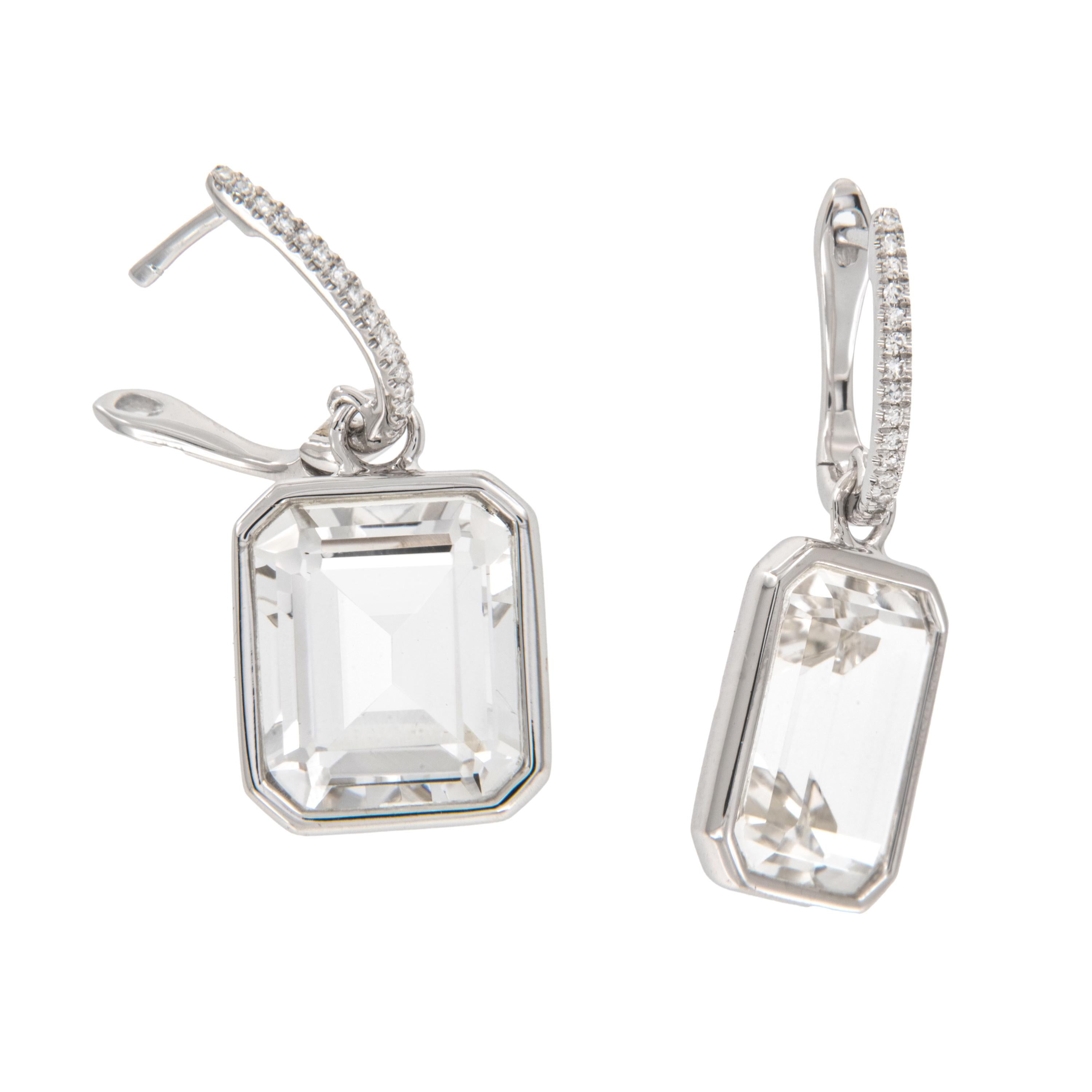 Contemporary 14 Karat White Gold 10.60 Cttw Emerald Cut Crystal and Diamond Drop Earrings For Sale