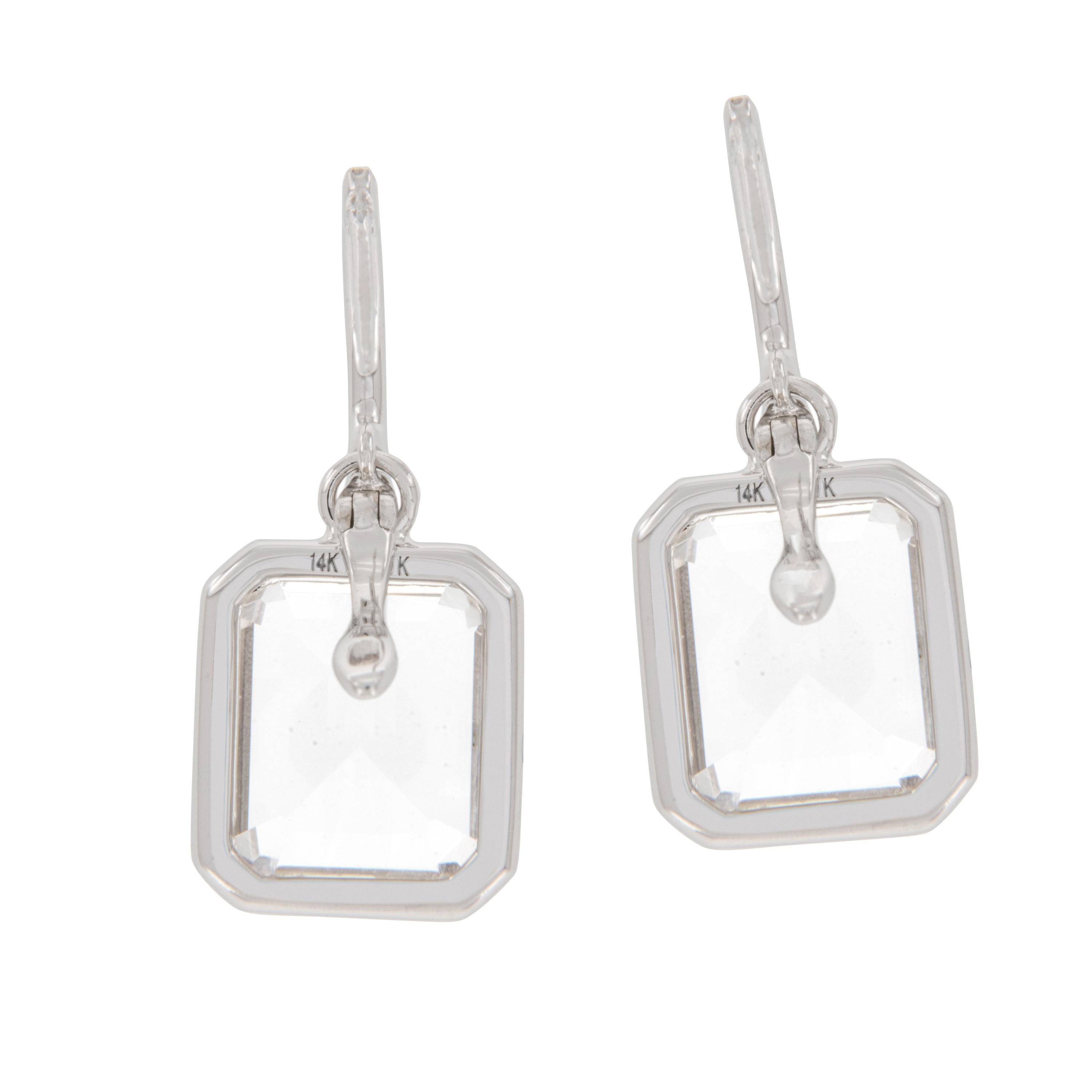 14 Karat White Gold 10.60 Cttw Emerald Cut Crystal and Diamond Drop Earrings In New Condition For Sale In Troy, MI