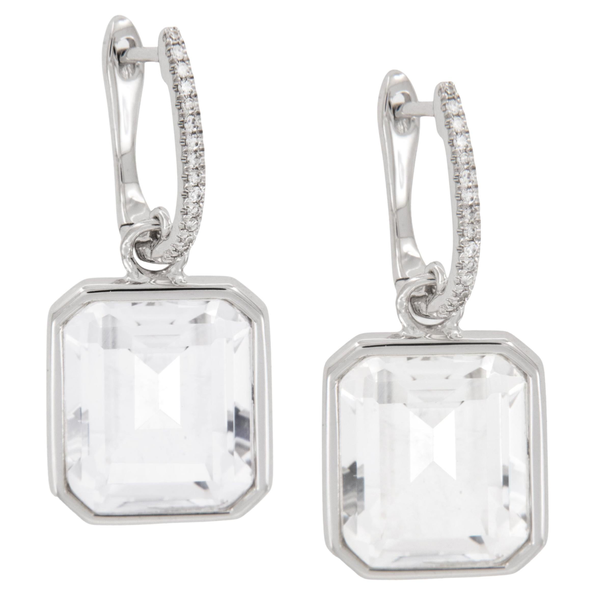 14 Karat White Gold 10.60 Cttw Emerald Cut Crystal and Diamond Drop Earrings For Sale