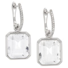 14 Karat White Gold 10.60 Cttw Emerald Cut Crystal and Diamond Drop Earrings
