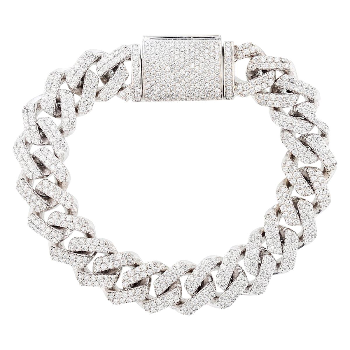 14 Karat White Gold 10.71 Carat Diamond Cuban Chain Link Bracelet For Sale