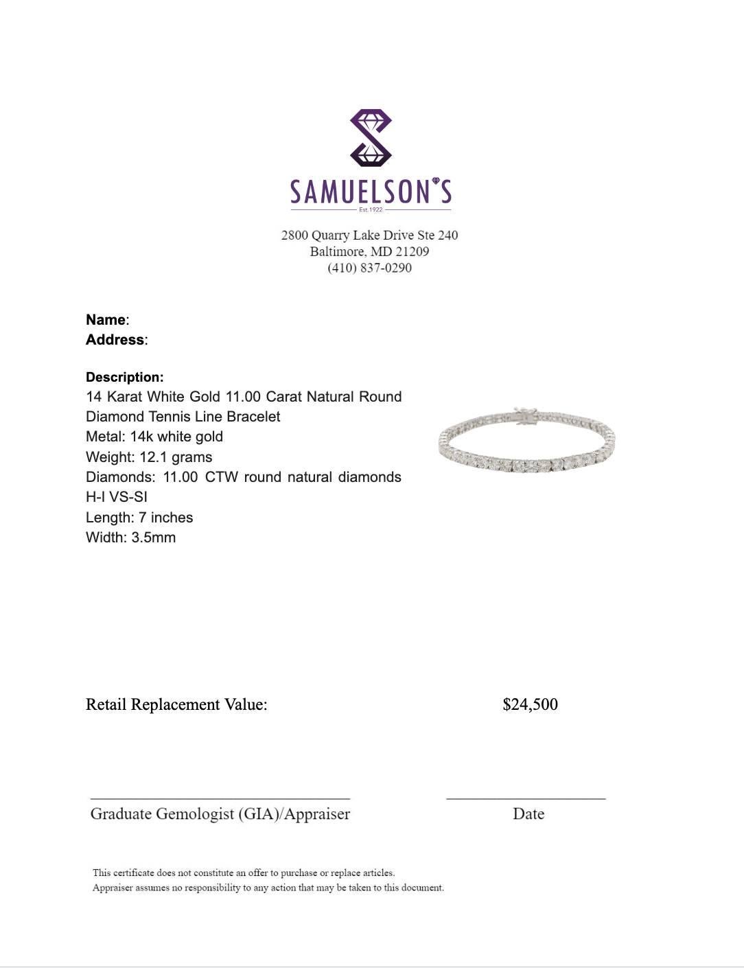 14 Karat Weißgold 11,00 Karat Natürlicher Runder Diamant Tennis Line Armband im Zustand „Hervorragend“ im Angebot in  Baltimore, MD