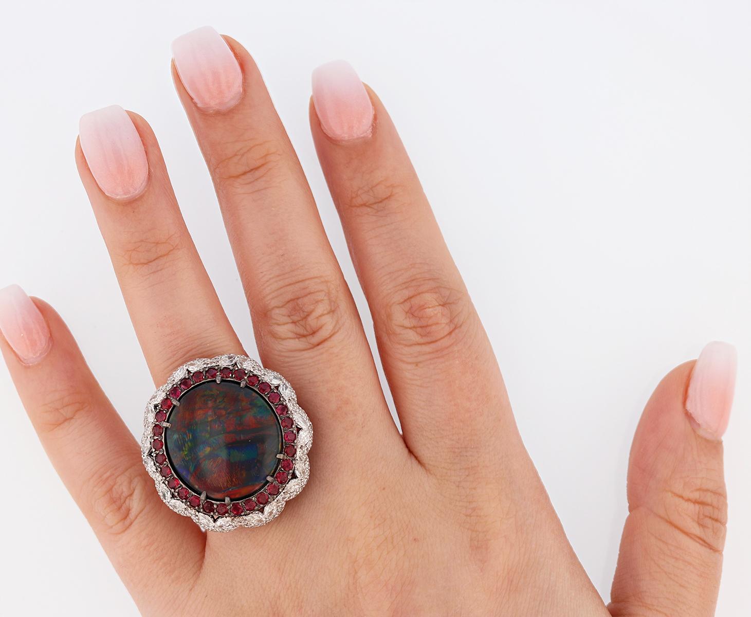GIA Certified 11.11 Carat Australian Black Opal Ruby and Diamond Ring In New Condition In Houston, TX