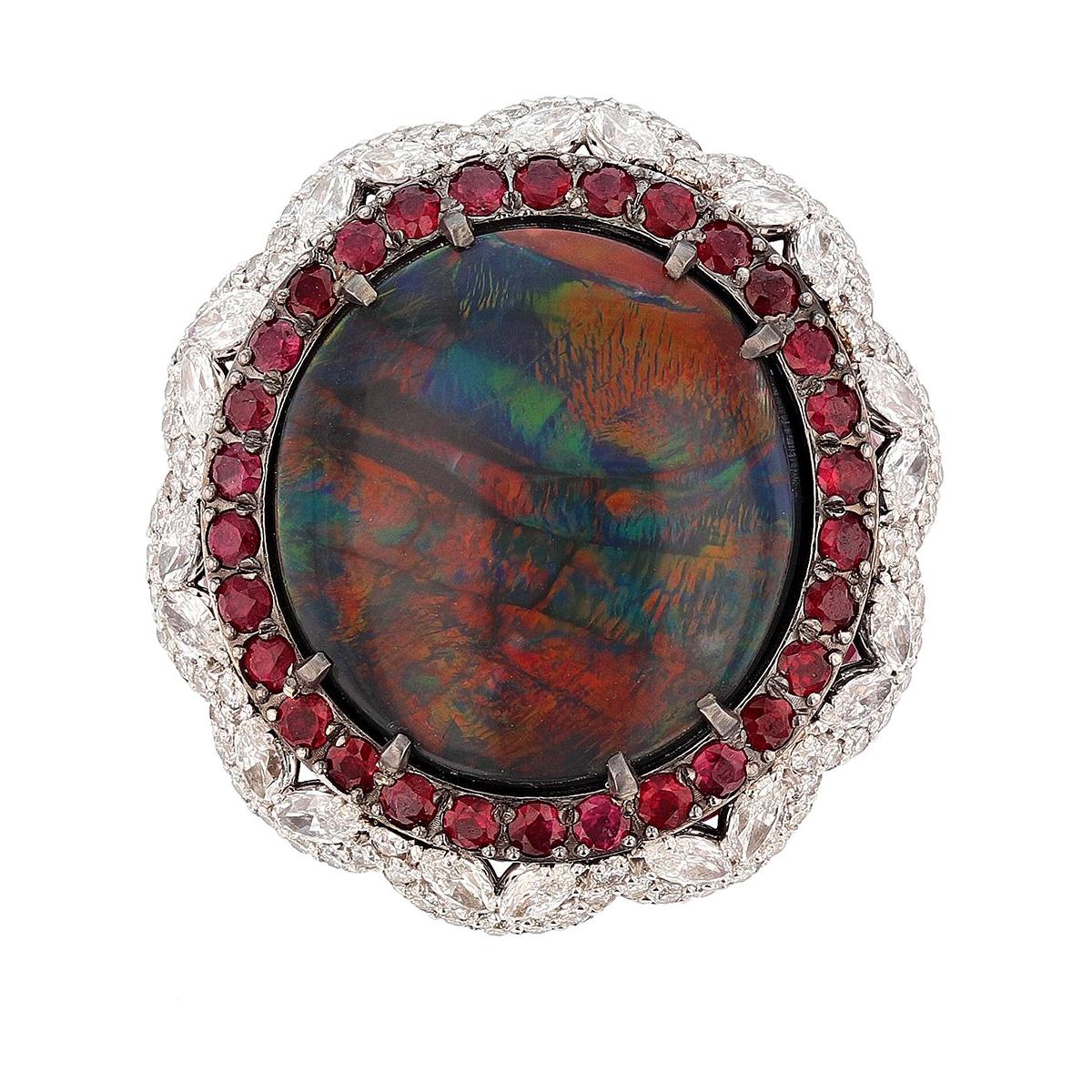 GIA Certified 11.11 Carat Australian Black Opal Ruby and Diamond Ring