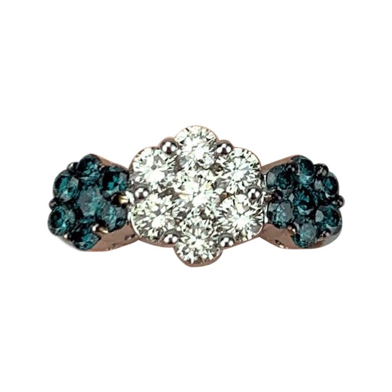 14 Karat White Gold 1.12 Carat White and Blue Diamond Floral Cluster Ring