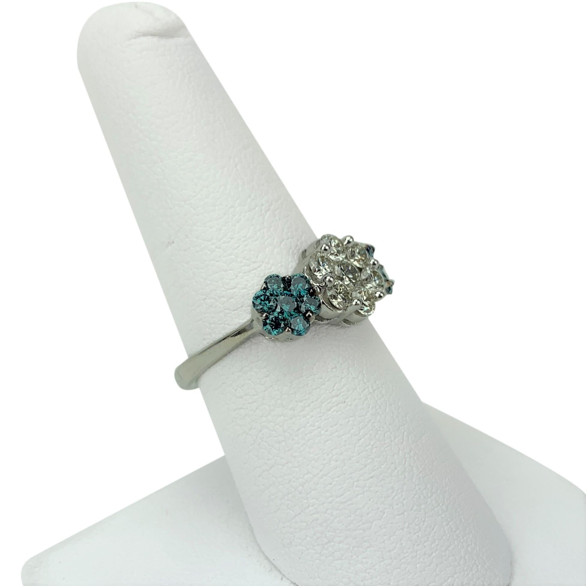 14 Karat White Gold 1.12 Carat White and Blue Diamond Floral Cluster Ring In Good Condition In Guilford, CT