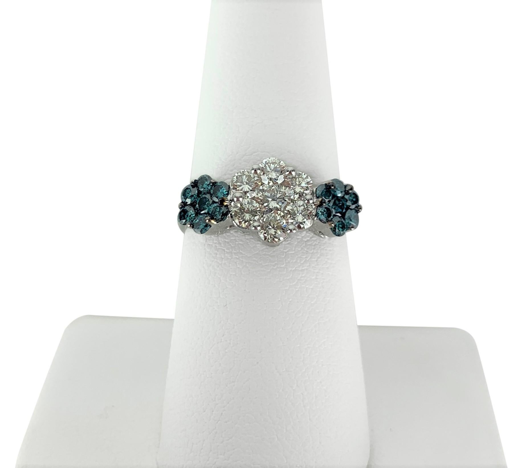Women's 14 Karat White Gold 1.12 Carat White and Blue Diamond Floral Cluster Ring