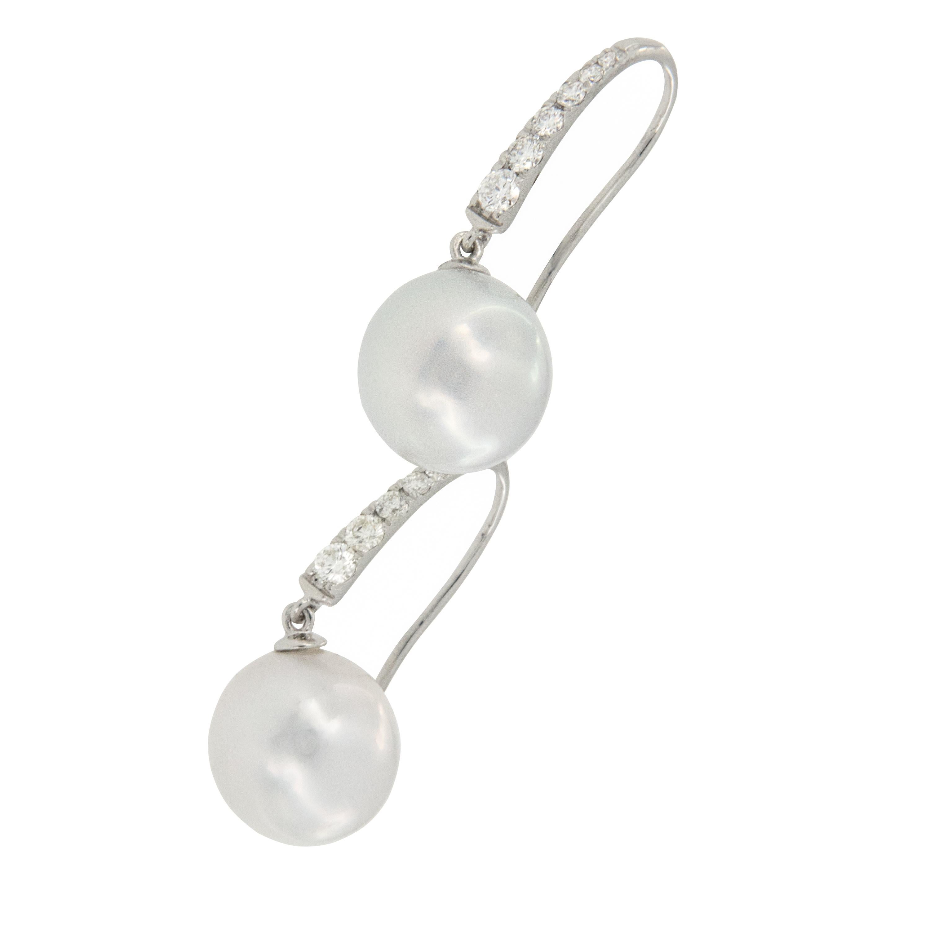 Neoclassical 14 Karat White Gold South Sea Pearl & 0.26 Diamond Drop Earrings For Sale