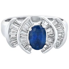 14 Karat White Gold 1.20 Carat Tapered Diamond Baguette Blue Sapphire Ring