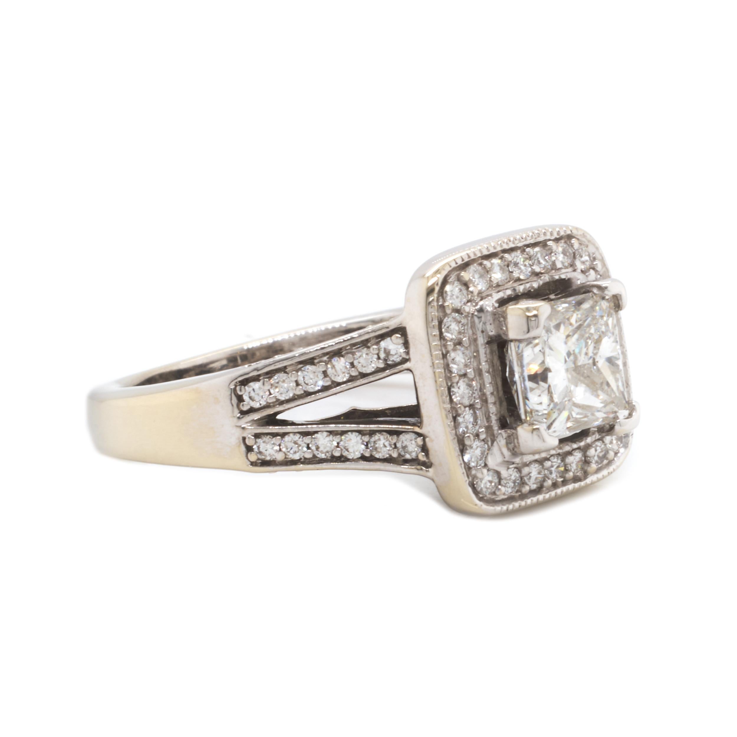 Designer: custom
Material: 14K white gold
Diamond: 1 princess cut = 1.24ct 
Color: I
Clarity: I1
Diamond: 108 round brilliant cut = 1.20cttw
Color: G
Clarity: SI1
Ring Size: 5.75 (please allow up to 2 additional business days for sizing