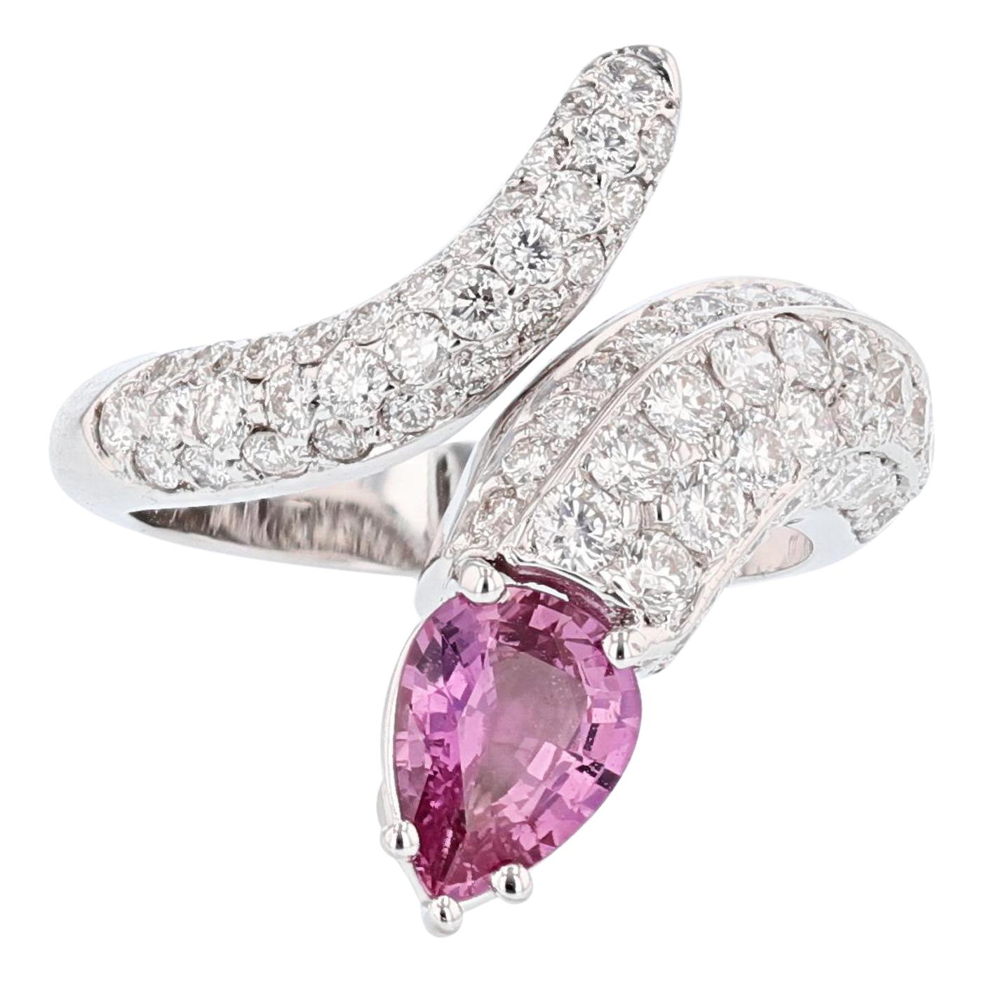 14 Karat White Gold 1.25 Carat Pear Shape Pink Sapphire and Diamond Snake Ring For Sale