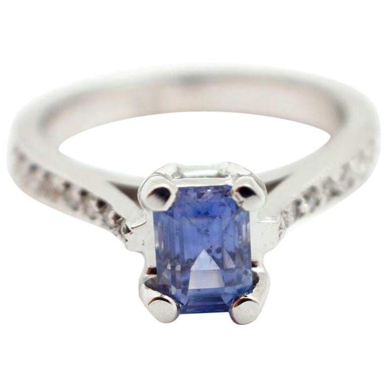 14 Karat White Gold, 1.31 Carat Ceylon Sapphire and 0.16 Carat Diamond Ring